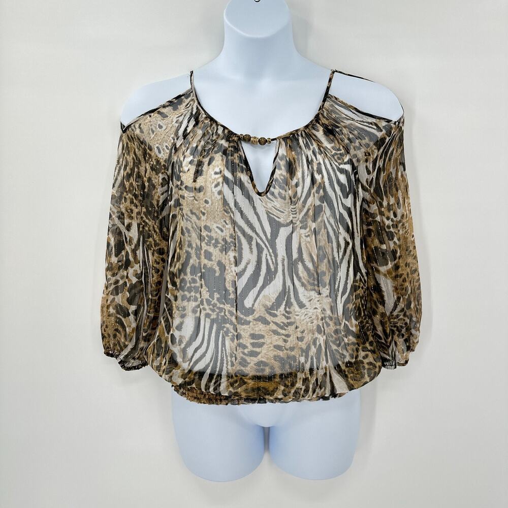 Cache Sheer Top Shirt Womens size Medium‎ Y2K Leapord Print Metallic Silk Beads